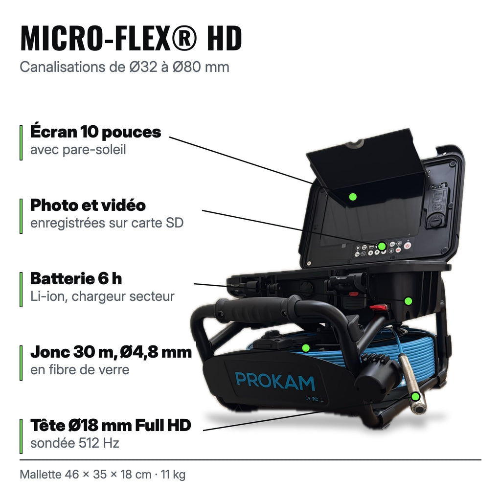 Caractéristiques de la Micro-FLEX® HD : écran 10 pouces, enregistrement sur carte SD, batterie 6 h, jonc 30 m Ø4,8 mm et tête Ø18 mm sondée 512 Hz