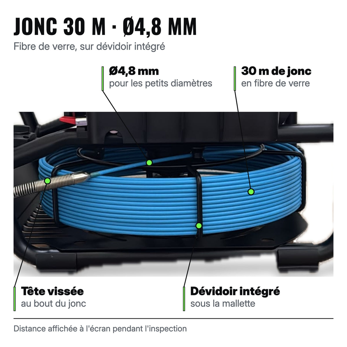 Jonc de 30 m Ø4,8 mm en fibre de verre de la Micro-FLEX® HD, sur son dévidoir sous la mallette
