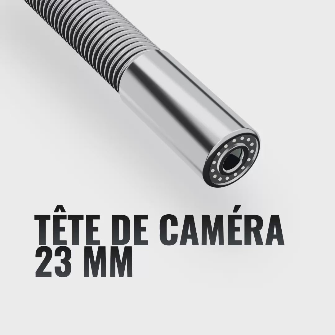 Tête de caméra d’inspection 23 mm : optique saphir de série, corps inox étanche, fil d’eau et sonde 512 Hz en option