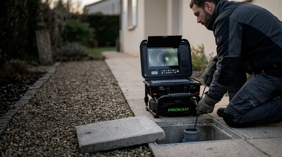 Caméra d'inspection Prokam PRO+ ouverte près d'un regard de branchement, technicien poussant le jonc dans un tuyau PVC